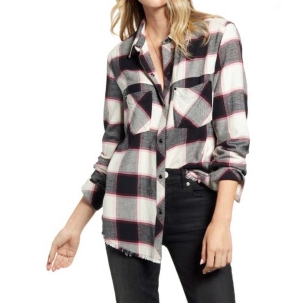 Rails Leo Plaid Flannel Button Down Shirt White Midnight Magenta Size Large